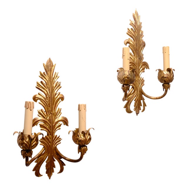 Two-Arm Appliques in Gold Color with Floral Decoration, Set of 2 For Sale