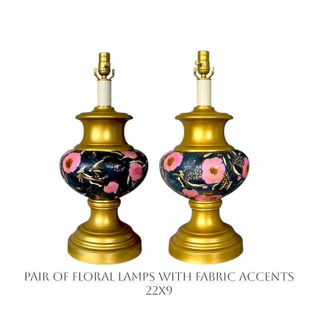 This is a contemporary, one-of-a-kind pair of table lamp bases, studio originals. Each lamp has a modern botanical floral...
