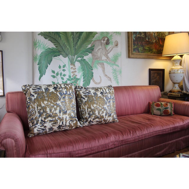 Contemporary Contemporary Printed Linen Navy Blue and Bronze Down Pillows - a Pair For Sale - Image 3 of 12