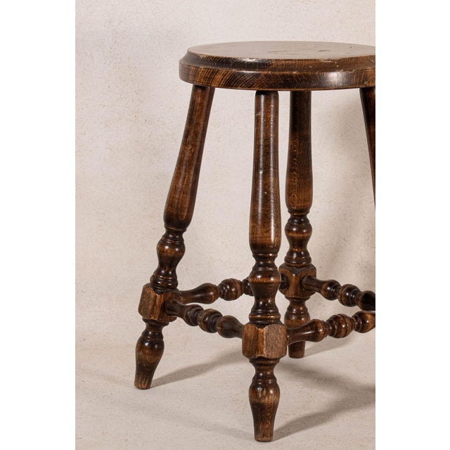 French Oak Round Joint Stool With Stretchers. Beautiful aged oak and great detail on the stretcher.