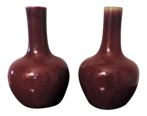 19th Century Chinese Monochrome Porcelain Sang de Boeuf Oxblood Glazed Bottle Shaped Vases - a Pair