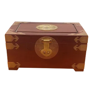 Asian Brass Mounted Rosewood Jewelry Box With Lock and Key