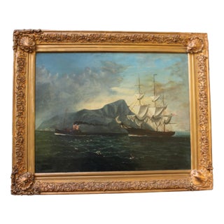 American Sailing Vessel Off Gibraltar, Early 20th Century, Oil Painting on Canvas, Framed For Sale