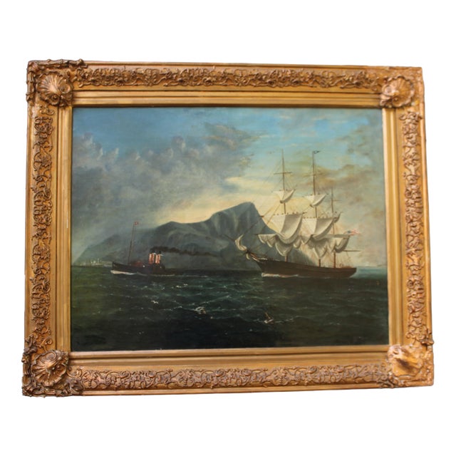 American Sailing Vessel Off Gibraltar, Early 20th Century, Oil Painting on Canvas, Framed For Sale