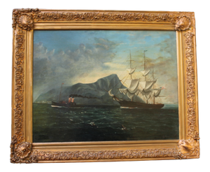 American Sailing Vessel Off Gibraltar, Early 20th Century, Oil Painting on Canvas, Framed