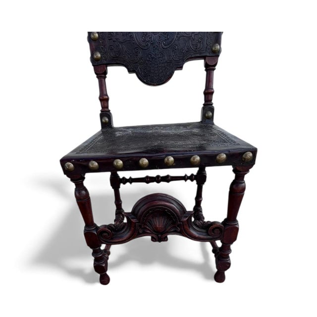 Wood Six - 18th Century Portuguese Carved Walnut Chairs With Brass Finial Toppers and Brass Studs For Sale - Image 7 of 12