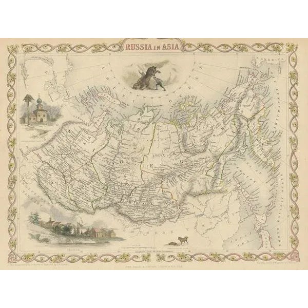 Antique map titled 'Russia in Asia'. Map of Russia in Asia. Showing vignettes of a polar hunting scene, Skorskarskoi...