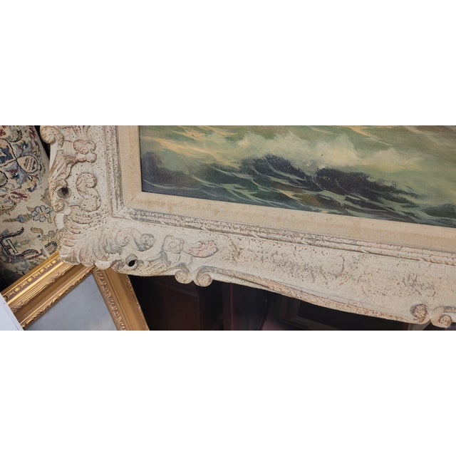 Paint Large Seascape 1950s Oil Painting Signed For Sale - Image 7 of 18