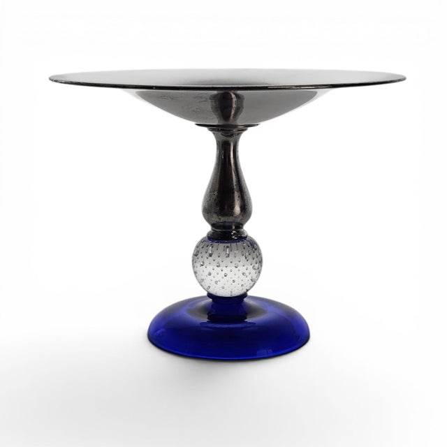 Art Deco Pairpoint Epns Cobalt Art Glass Tazza With Controlled Bubble Knop For Sale - Image 3 of 13