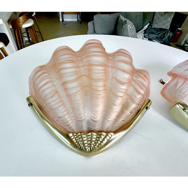 Pink Pair Art Deco Shell Clam Shaped Pink Glass Brass Wall Sconce For Sale - Image 8 of 18
