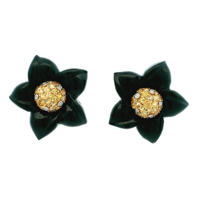 Italian Black Onyx Flower Earrings in 18k White Gold For Sale