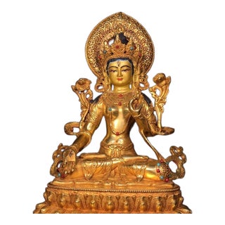 Late 20th Century Gilt Bronze White Tara Statue With Painted Face, 1kg For Sale