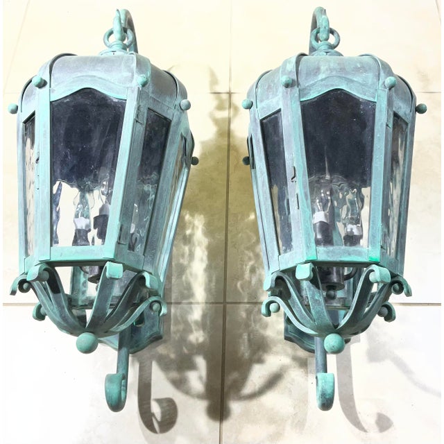 Pair of Vintage Large Solid Brass Outdoor Wall Lanterns For Sale - Image 13 of 17