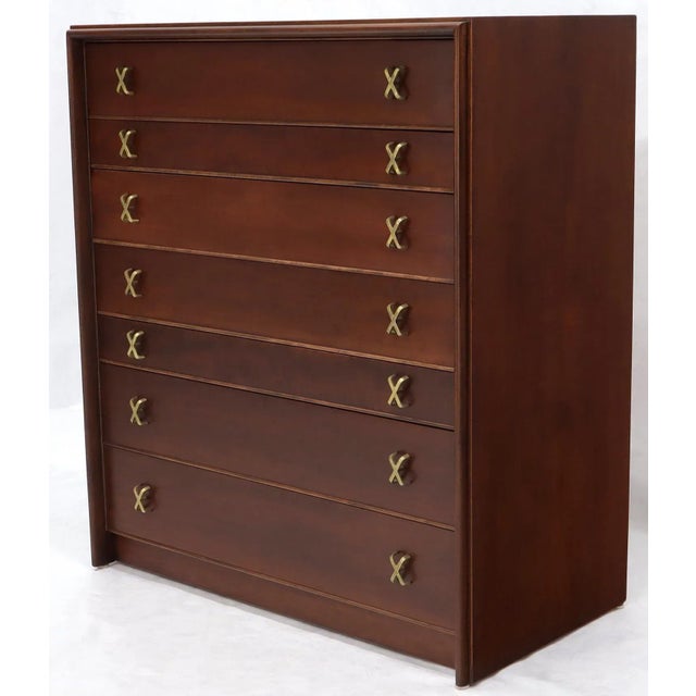 Paul Frankl Brass X-Pulls Brown Cherry High Chest with Drop Front Secretary For Sale - Image 10 of 13