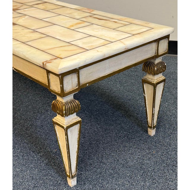 Early 20th Century Parcel Gilt Hand Painted Louis XVI French Regency Coffee Table With Mosaic Onyx Top For Sale In New York - Image 6 of 12
