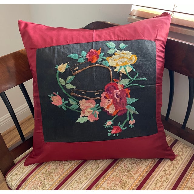 Antique Embroidered Floral Pillow with Feather Down Insert For Sale In Miami - Image 6 of 6