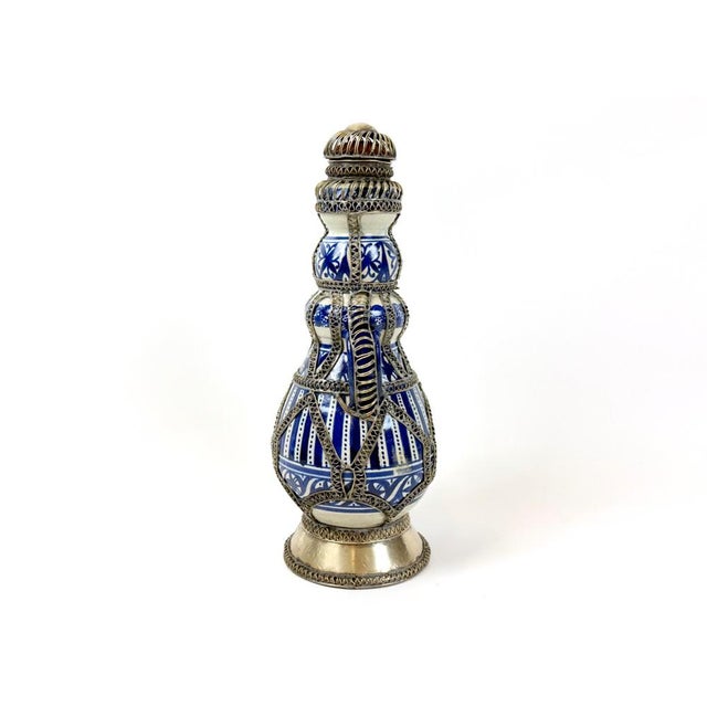 Mid-Century Moroccan Hand Painted Cobalt Ceramic Decanter with Wire Filigree Detailing, 1950s For Sale - Image 12 of 14