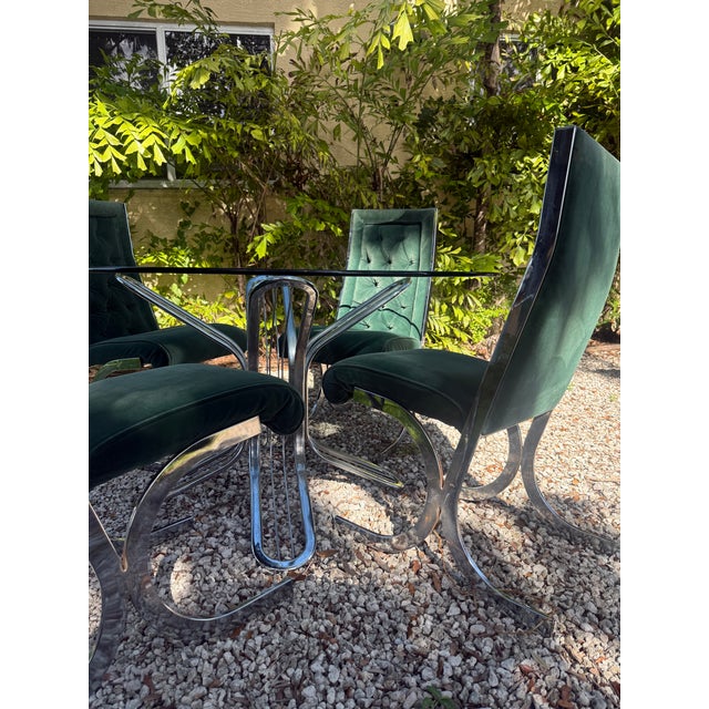 1970s Vintage 1970s Glass & Chrome Dining Set With Hunter Green Cantilever Chairs For Sale - Image 5 of 16