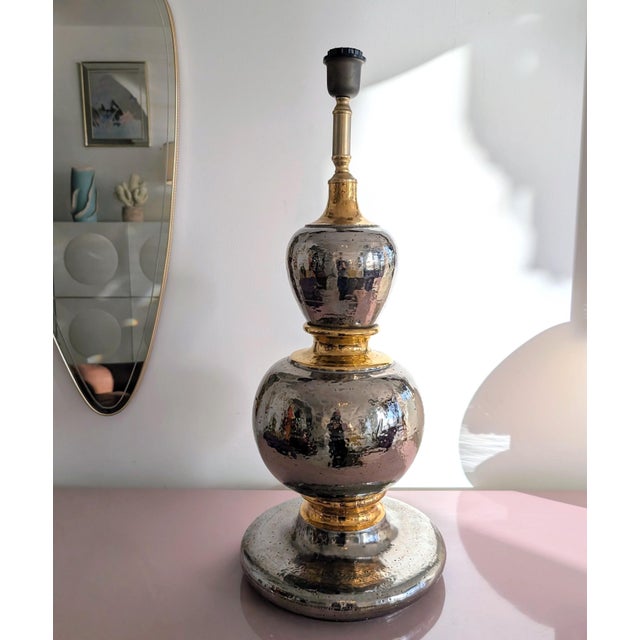 Unusual large gold & silver-glazed terracotta lamp by Studio 4, Italy, 1960s. It's substantial enough to use as a floor...