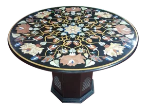Neoclassical Black Marble Inlaid Dining Tabletop With Marble Pedestal