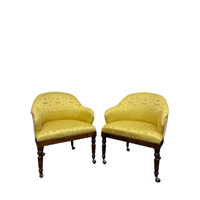 Pair of Century Furniture Model 3277 “Gentleman’s” Upholstered Game Chairs With Brass Casters For Sale In Charlotte - Image 6 of 12