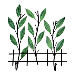 Mid-Century Boho Chic Botanical Hand-Painted Tole Tree Sprigs With Leaves Wall Hook - 2 Hooks For Sale