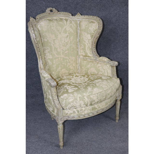 Wood Pair of French Louis XVI Style Distressed Painted Wingback Bergere Chairs For Sale - Image 7 of 13