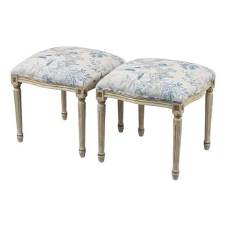 French Louis XVI Style Painted Ottomans W/ Blue & White Linen Upholstery - Pair For Sale