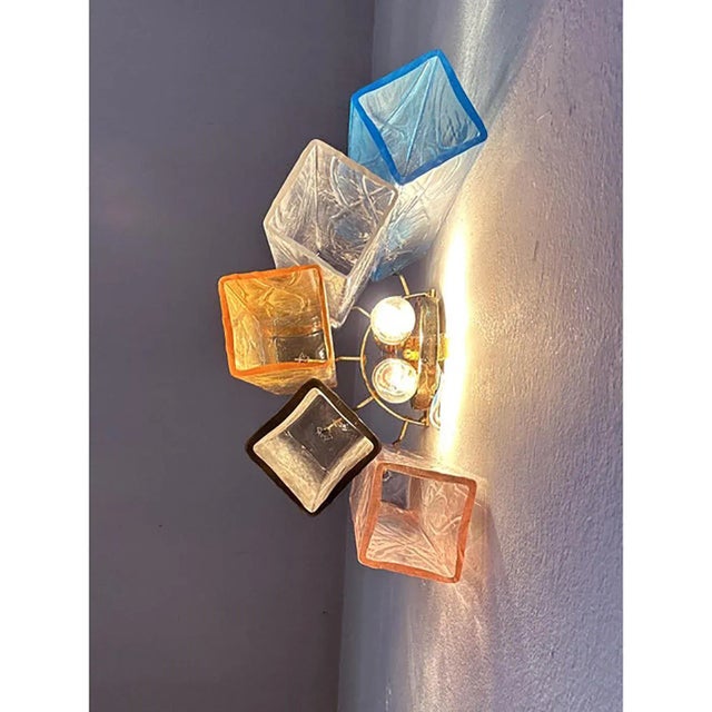 Contemporary Vintage Multicolored Squares Bark Murano Glass Wall Sconces in Barovier Style by Simoeng, Set of 2 For Sale - Image 3 of 9