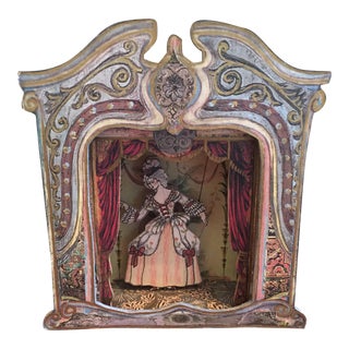 Vintage Italian Automaton Comedia Del Arte Theatre Venetian Wood Paper Music Box For Sale