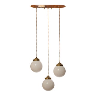 Wood & Brass Cluster Pendant Light With 3 White Opal Globe Pendants For Sale