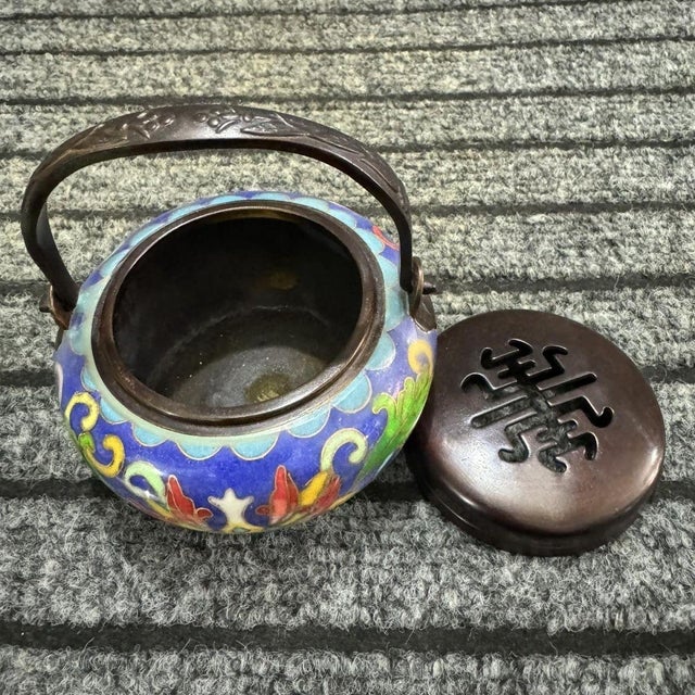 Late 20th Century Cloisonné Enamel Hand Warmer, Floral Phoenix Chinoiserie Lidded Vessel With Handle For Sale - Image 4 of 7