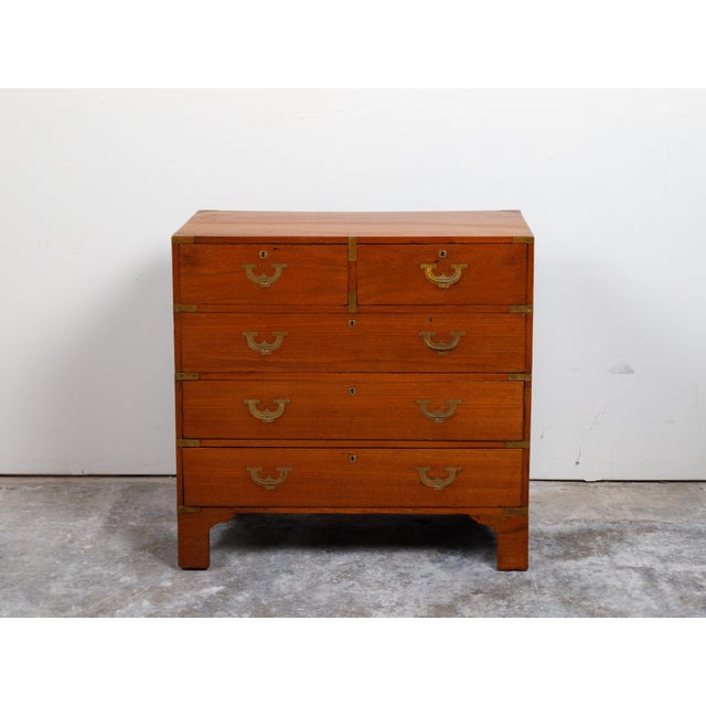 19th Century English 19th Century Teak Campaign Chest with Five Drawers and Brass Hardware For Sale - Image 5 of 12