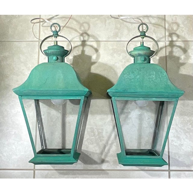 American Pair of Solid Brass Vintage Ceiling Lantern 19” X 9”.5 X 9”.5 For Sale - Image 3 of 14