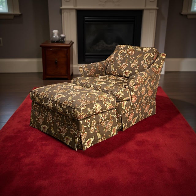 1980s Vintage Custom Upholstered Club Chair and Ottoman For Sale - Image 5 of 11