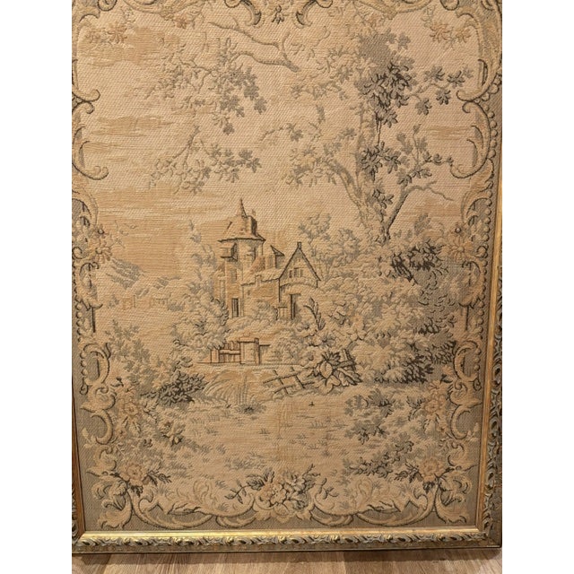 French Country 19th Century Hand Woven, Linen Tapestry of a Pastoral Cottage Scene in Muted Peach and Green 28"x38" Inches, Framed Ready to Hang For Sale - Image 3 of 3
