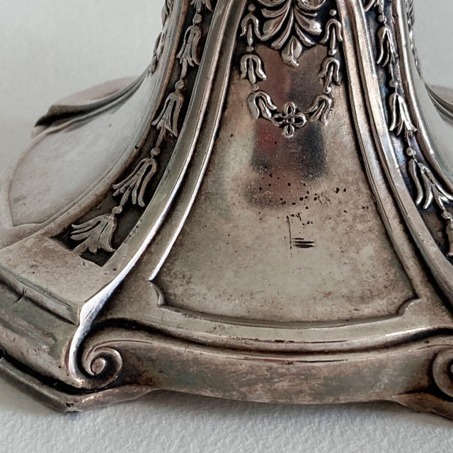 Circa 1900, Benedict Silver Plate Candlesticks, Set of 2, Edwardian Period, Floral Swag Scrollwork Design For Sale - Image 10 of 13