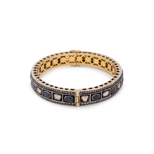 Metal 14k Gold Sterling Silver Diamond Sapphire Bangle For Sale - Image 7 of 8