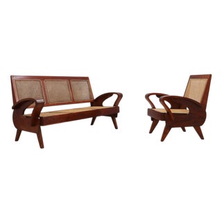 Mid-Century Modern Three-Seater Bench and Armchair in Teak, 1950s, Set of 2 For Sale