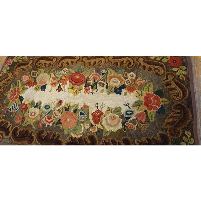 Late 19th Century 1890s Brown Roses Folk Art Antique American Hooked Rug 1'8" X 3'4" Knotted Wool Carpet For Sale - Image 5 of 10