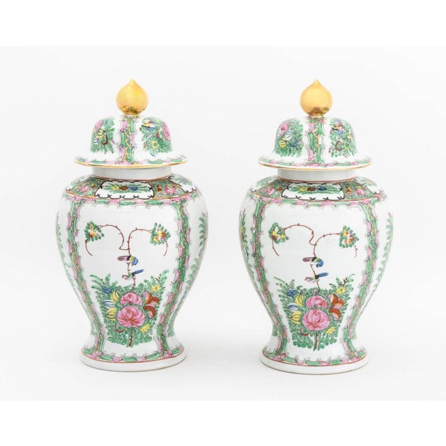 Late 20th Century Pair of Vintage Asian Floral Painted Porcelain Covered Urns For Sale - Image 5 of 11