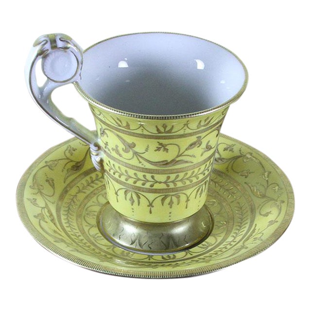 1990’s Vintage/New KPM Collectors Cup & Saucer Yellow Fond With Medallion Painting For Sale