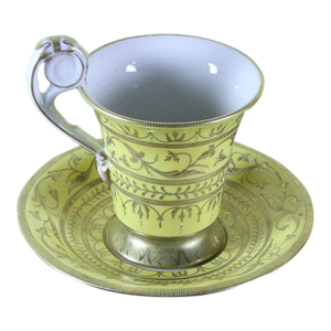 1990’s Vintage/New KPM Collectors Cup & Saucer Yellow Fond With Medallion Painting