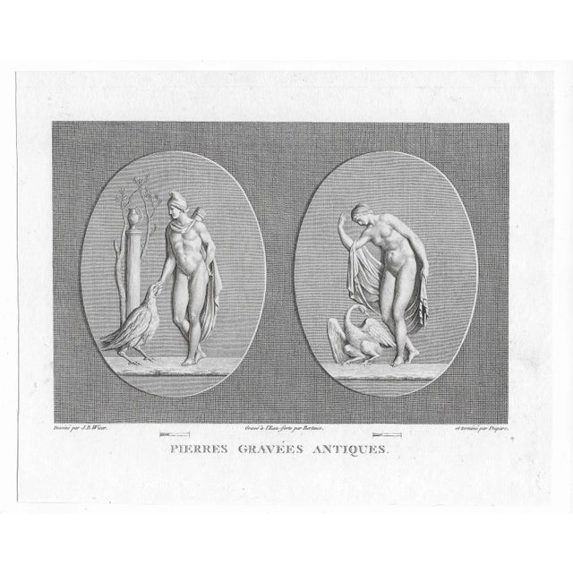 Antique Italian mythological engraving of two figures with birds.