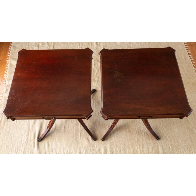 Set of Mersman Harp and Lyre Mahogany SideTables With Brass Feet and Drawers For Sale - Image 11 of 17