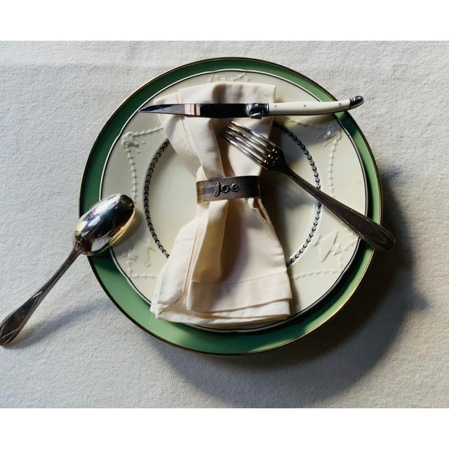 Metal Mackenzie-Childs Sage Green Enamel 12” Chargers - Set of 4 For Sale - Image 7 of 15