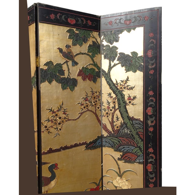 Oriental Asian Four Panel Screen Gold Chinoiserie Coromandel Room Divider Geese For Sale - Image 4 of 12