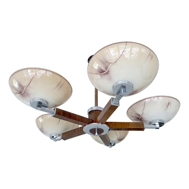 Large Art Deco Pendant Light in Wood and Glass, 1930s For Sale