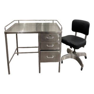 1960s U.S. Army Stainless Steel Medical Writing Desk and Emeco Corp Chair Included - Set of 2 For Sale