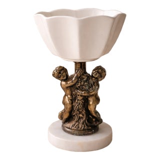 Vintage Italian Marble Cherub Pedestal Bowl Bronze Tone Brass Putti Angel Romantic Cheribum Angels Romance For Sale